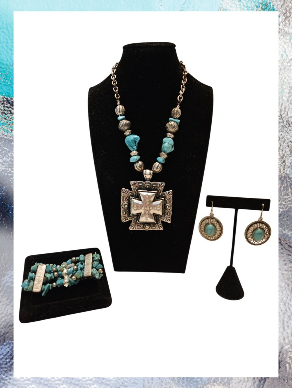 Silver Tone Turqouise Color Dyed Howlite Cross Pendant Necklace Set